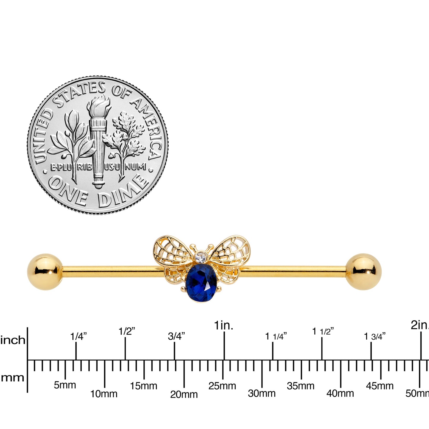 14G Blue Gem Gold Tone Beautiful Bee Industrial Barbell 38mm