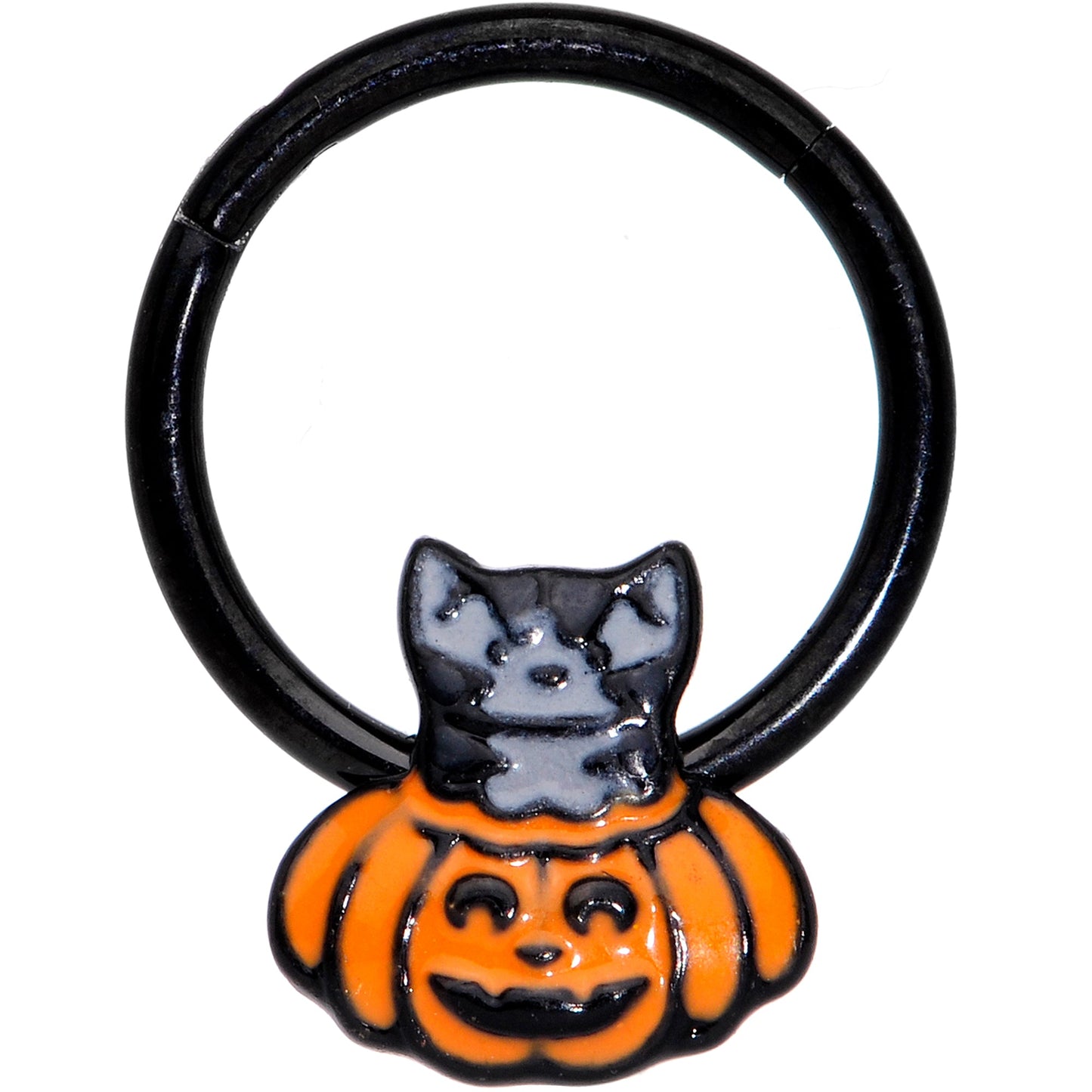 16G 3/8 Black Cat Surprise Pumpkin Halloween Hinged Segment Ring