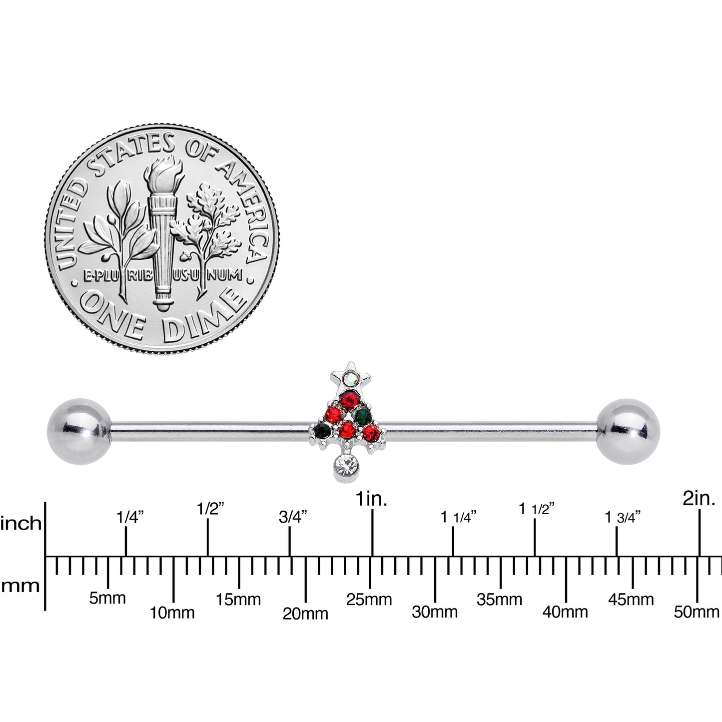 14G Clear Red Green Gem Christmas Tree Industrial Barbell 38mm