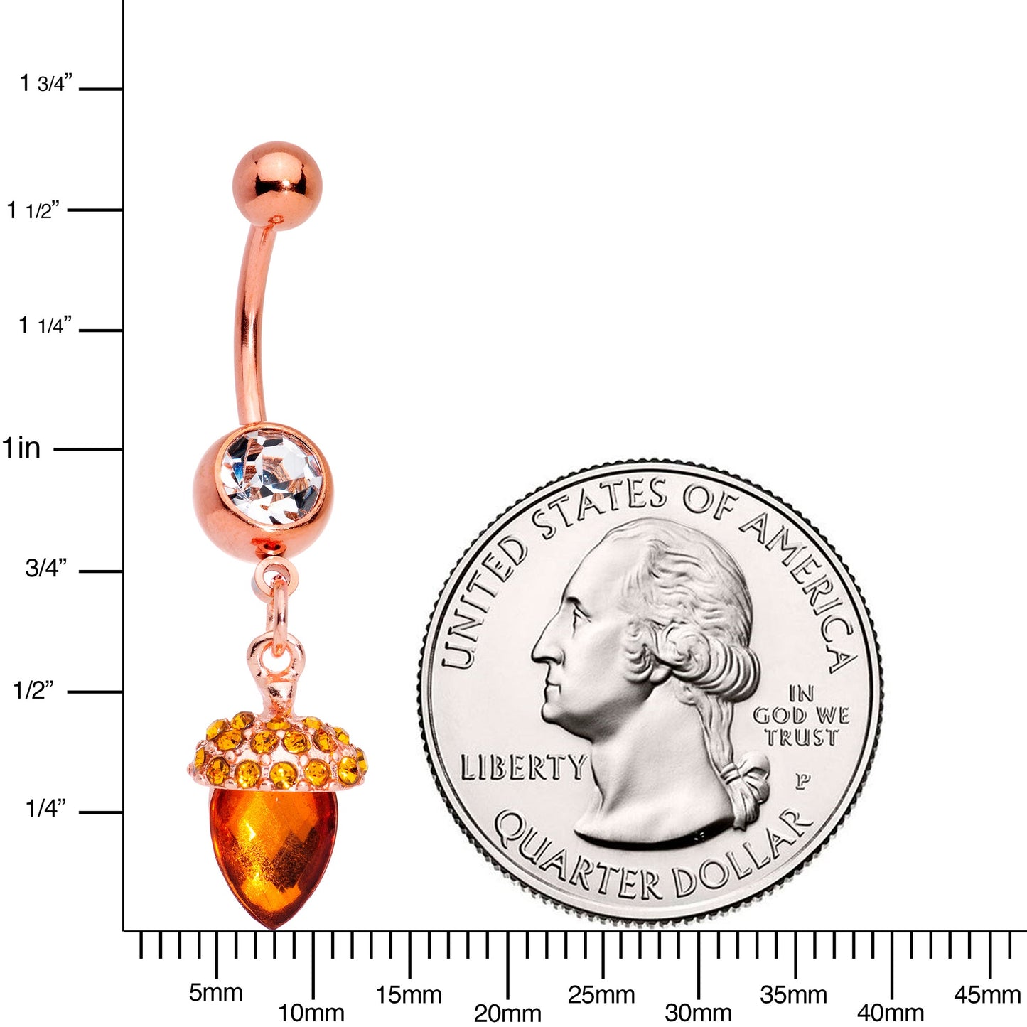 Clear Brown Gem Rose Gold Tone Fall Autumn Acorn Dangle Belly Ring