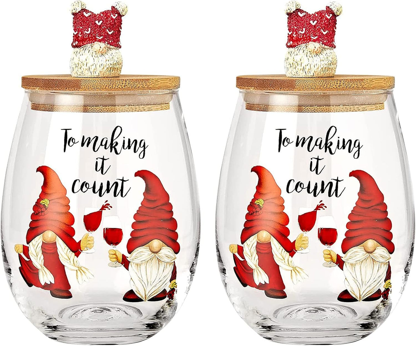 Christmas Gnome Wine & Water Glasses With Dwarf Wood Cover - Set of 2-17.5oz - Santa Holiday Festive Gnomes Stemless Clear Wine Glass For Red Or White Wine - Wines Glass for Women Friends Men Sister