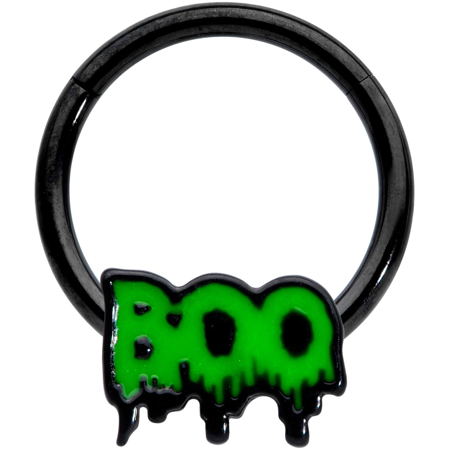 16G 3/8 Black Green Spooky Boo Halloween Hinged Segment Ring