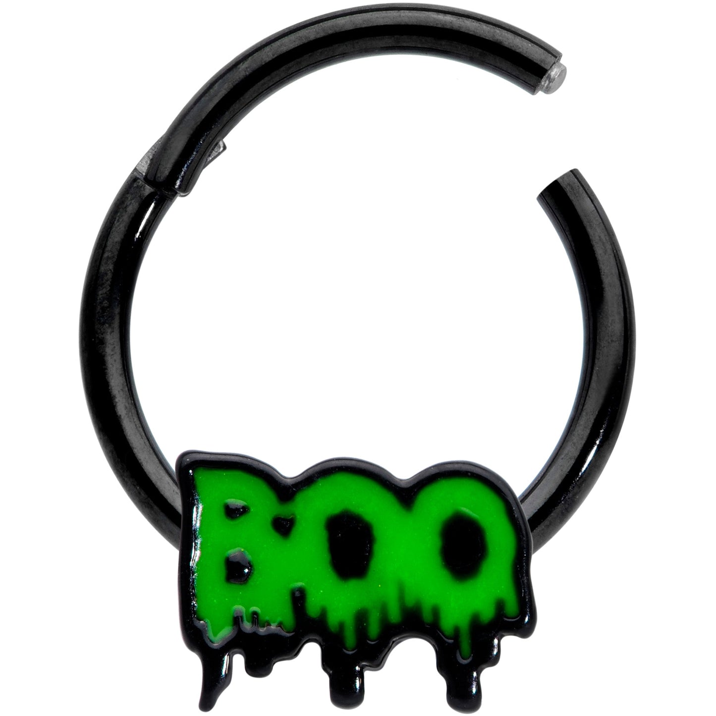 16G 3/8 Black Green Spooky Boo Halloween Hinged Segment Ring