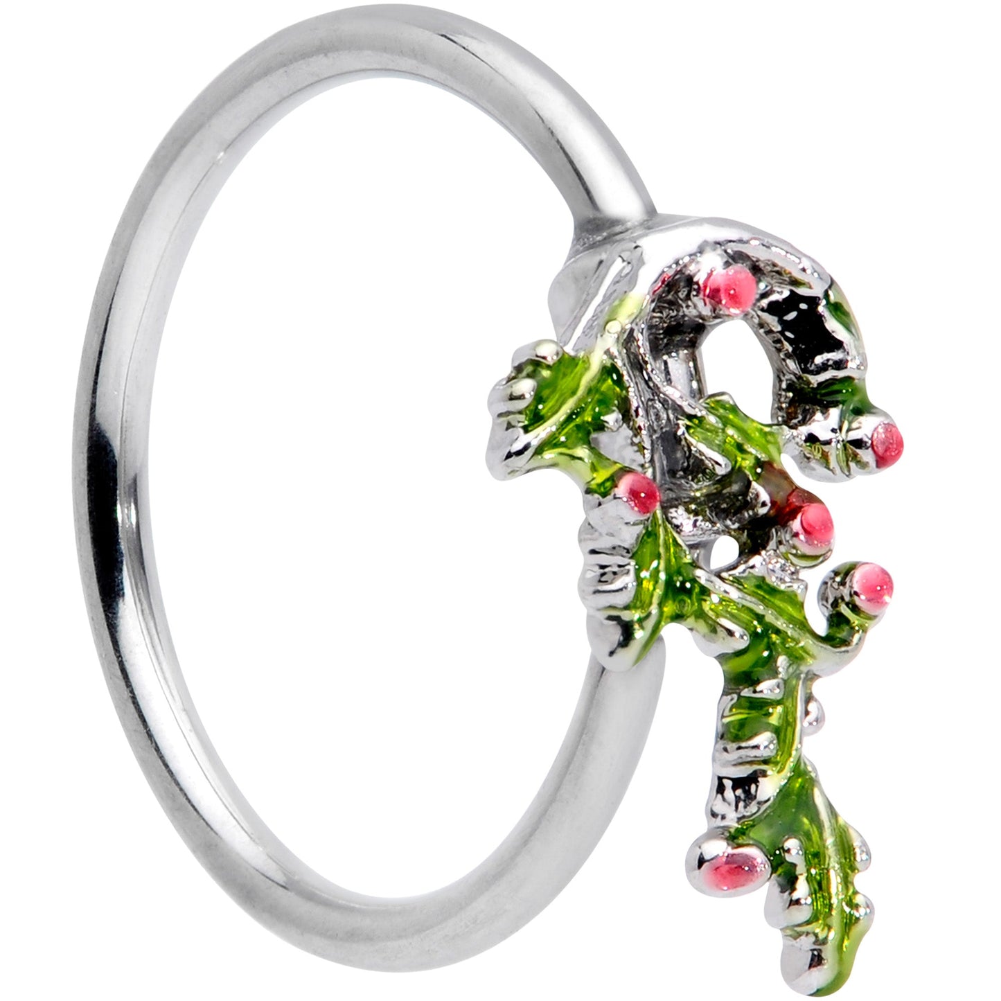 20G 5/16 Pink CZ Gem Candy Cane Holly Christmas Nose Hoop
