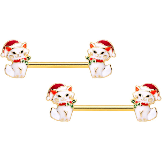 14G 9/16 Gold Tone Cat Santa Christmas Barbell Nipple Ring Set