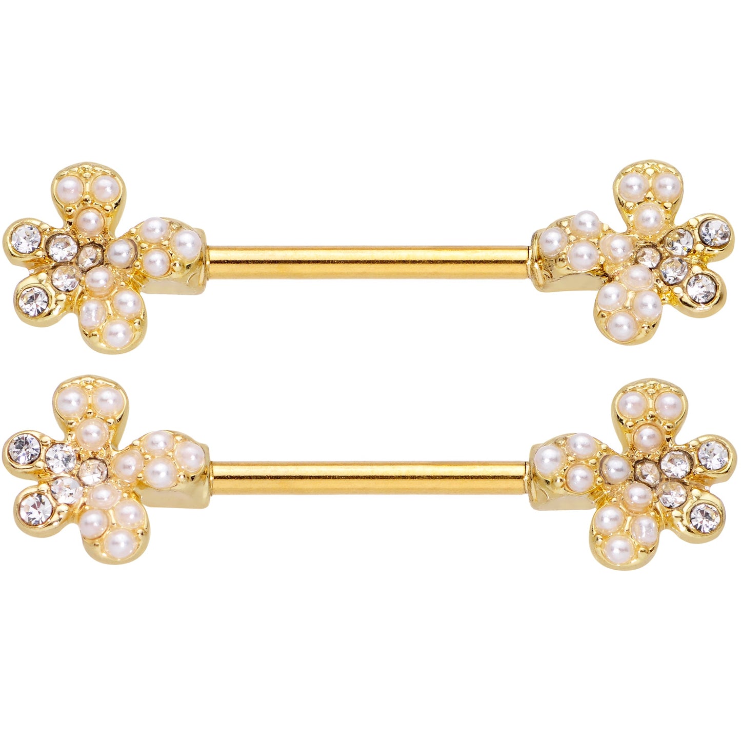 14G 9/16 Clear Gem Gold Tone Style Splat Barbell Nipple Ring Set
