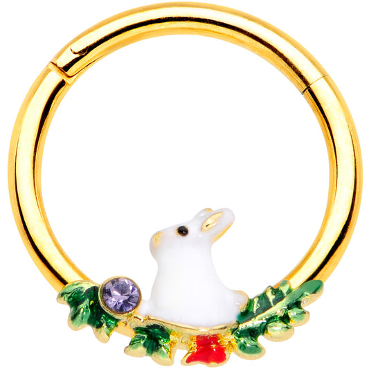 16G 3/8 Purple Gem Gold Tone White Rabbit Hinged Segment Ring