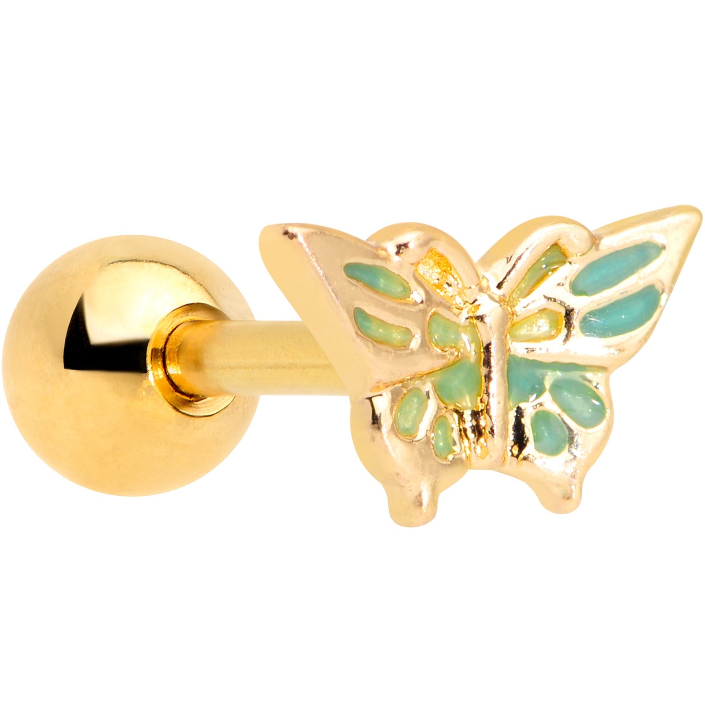 16G 1/4 Gold Tone Green Inlay Butterfly Cartilage Tragus Earring