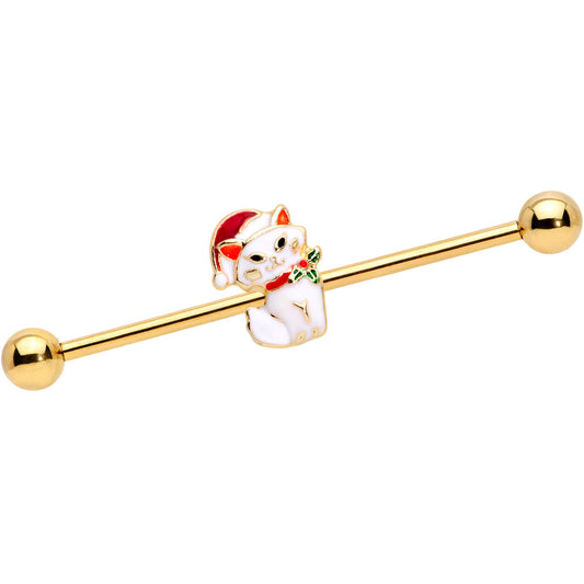 14G Gold Tone Cat Santa Hat Christmas Industrial Barbell 38mm