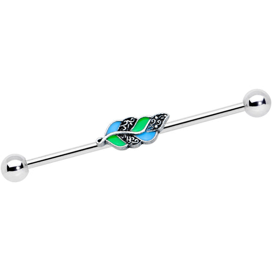 14G Filigree Blue Green Leaves Industrial Barbell 38mm