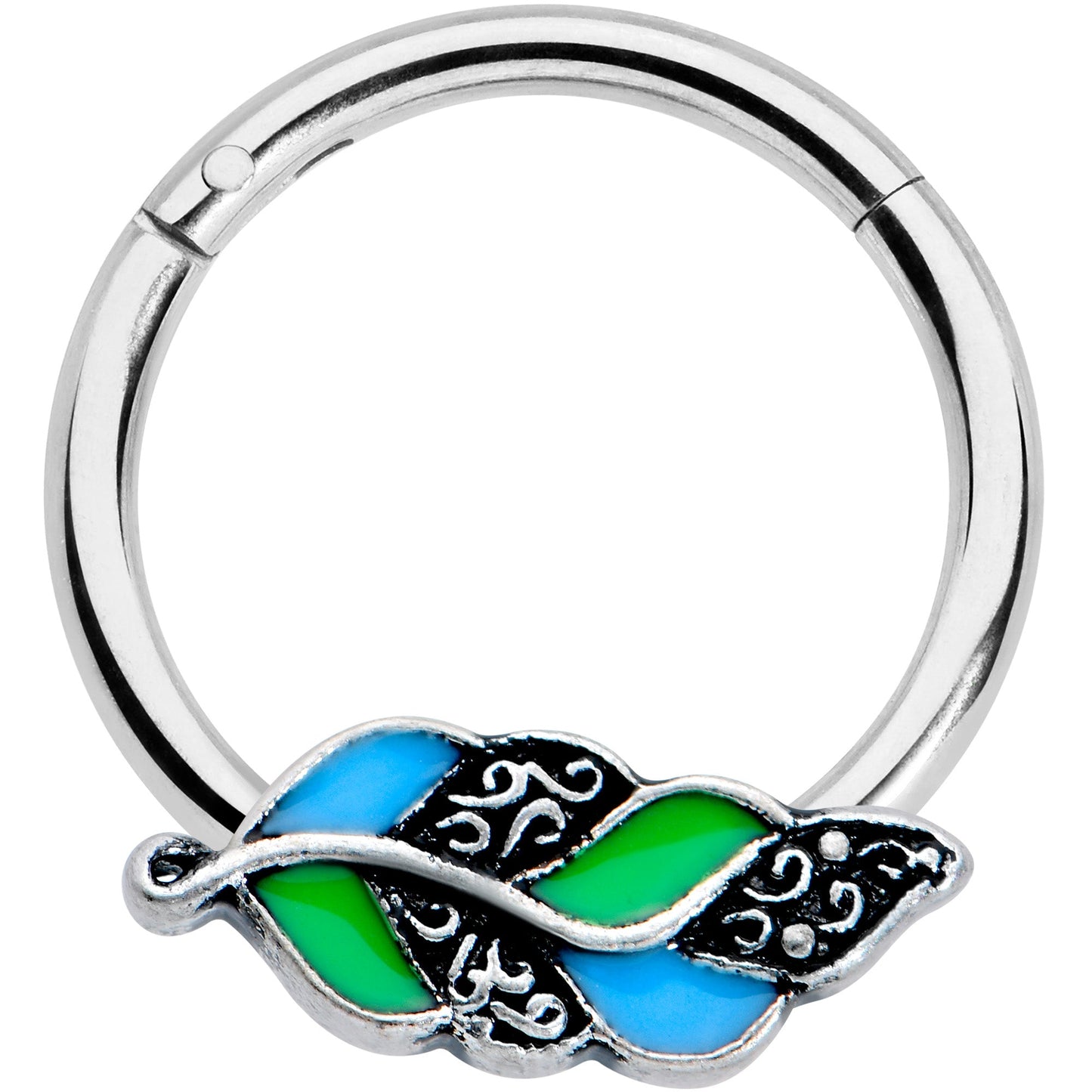 16G 3/8 Filigree Blue Green Leaves Hinged Segment Ring