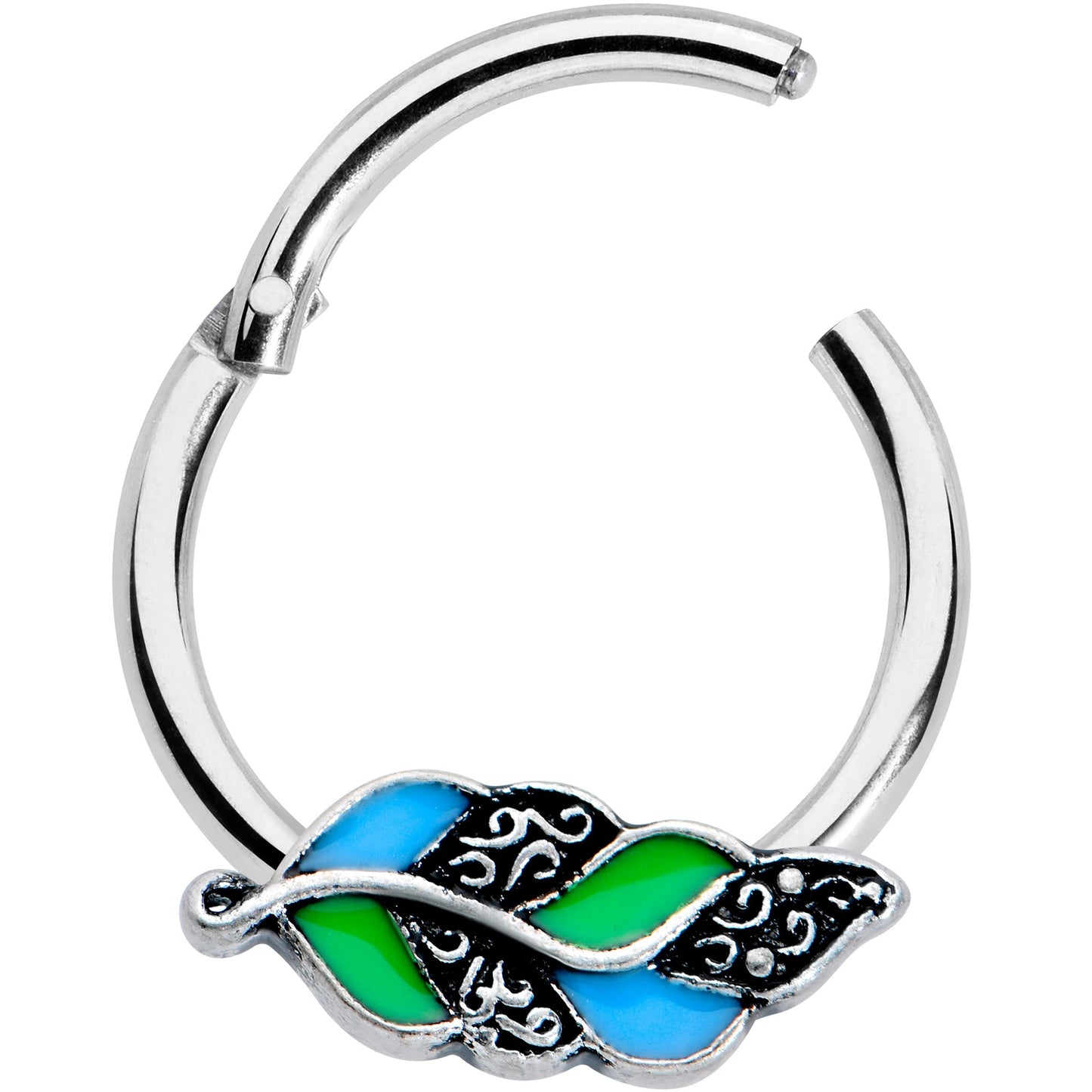 16G 3/8 Filigree Blue Green Leaves Hinged Segment Ring
