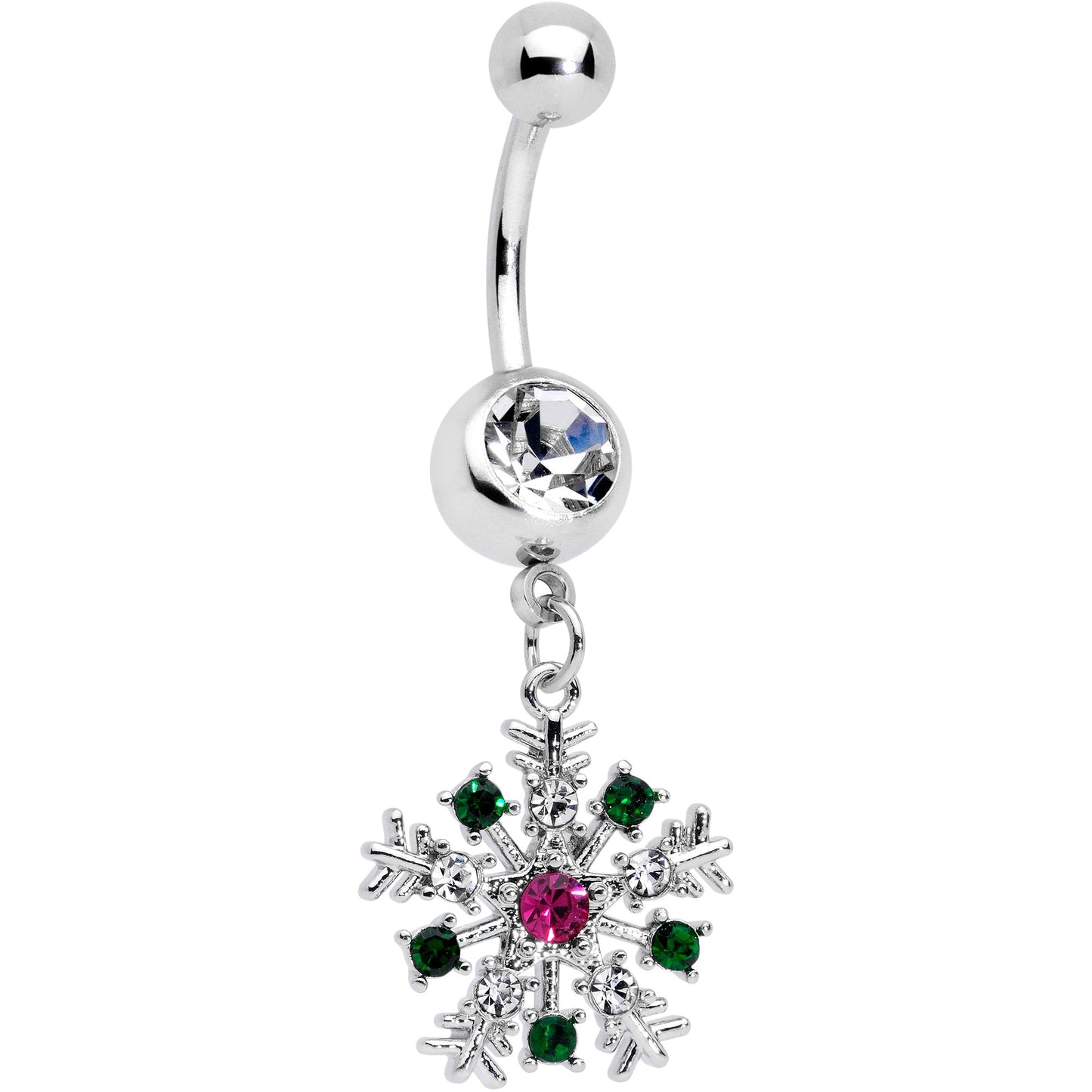 Clear Pink Green Gem Snowflake Holiday Dangle Belly Ring
