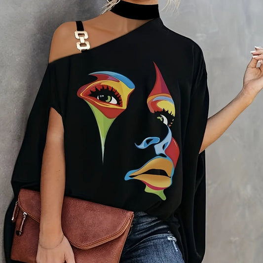 Ladies' Fashionable Slanted Shoulder Collar Printed T-shirt Top