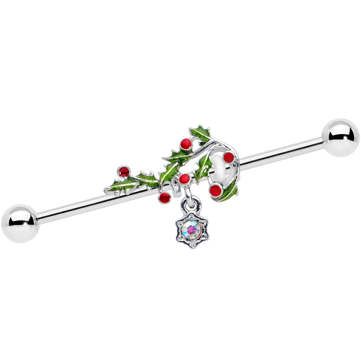 14G Aurora Gem Candy Cane Holly Christmas Industrial Barbell 38mm