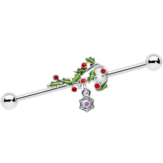 14G Aurora Gem Candy Cane Holly Christmas Industrial Barbell 38mm