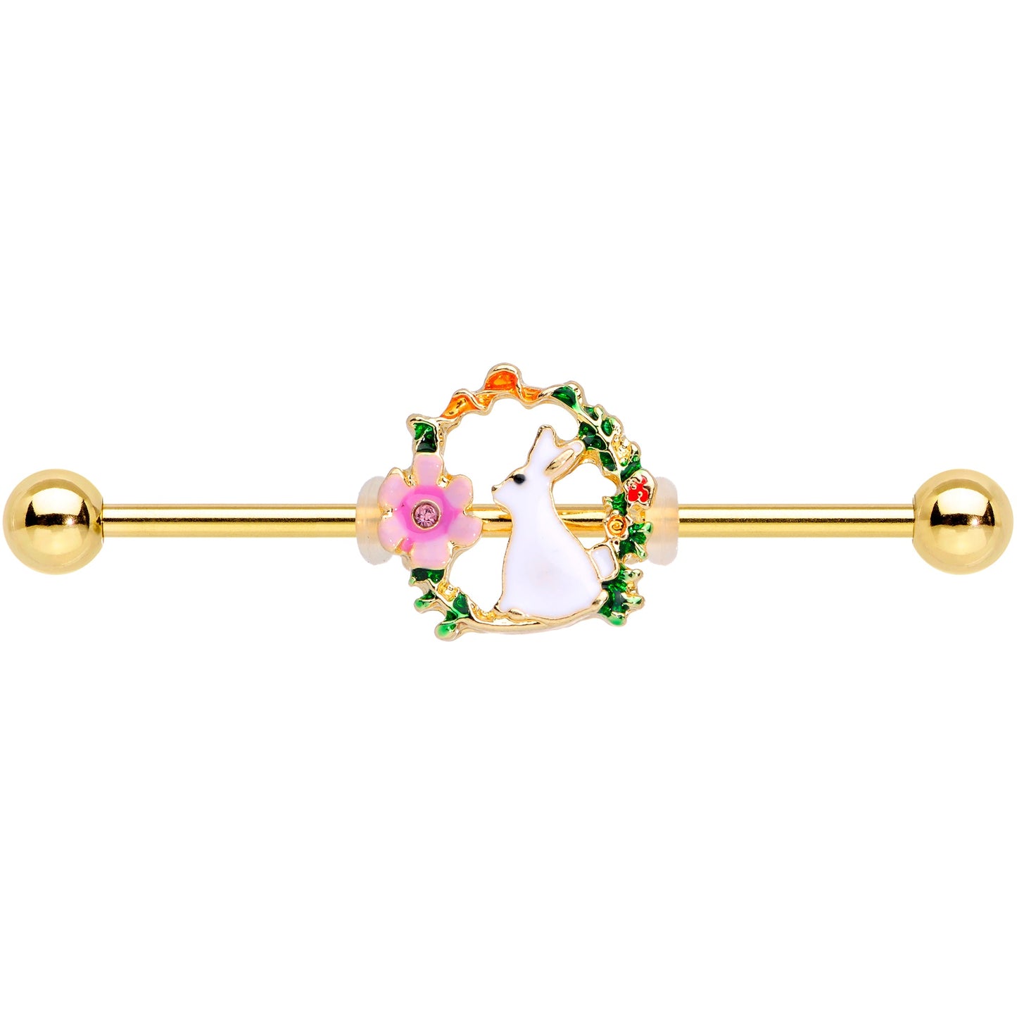 14G Clear Gem Gold Tone Bunny Flower Industrial Barbell 38mm