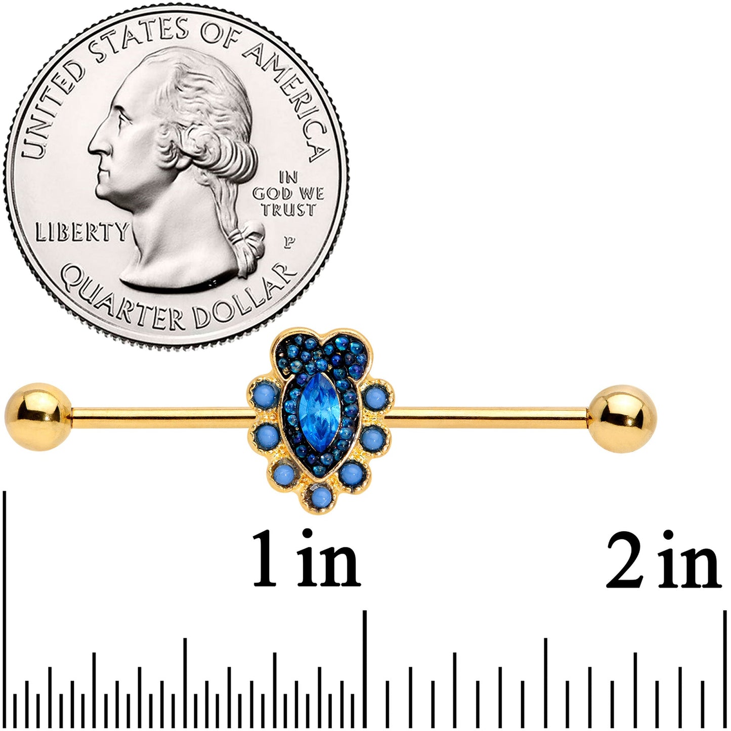 14G Blue Gem Gold Tone Opulent Oval Industrial Barbell 38mm