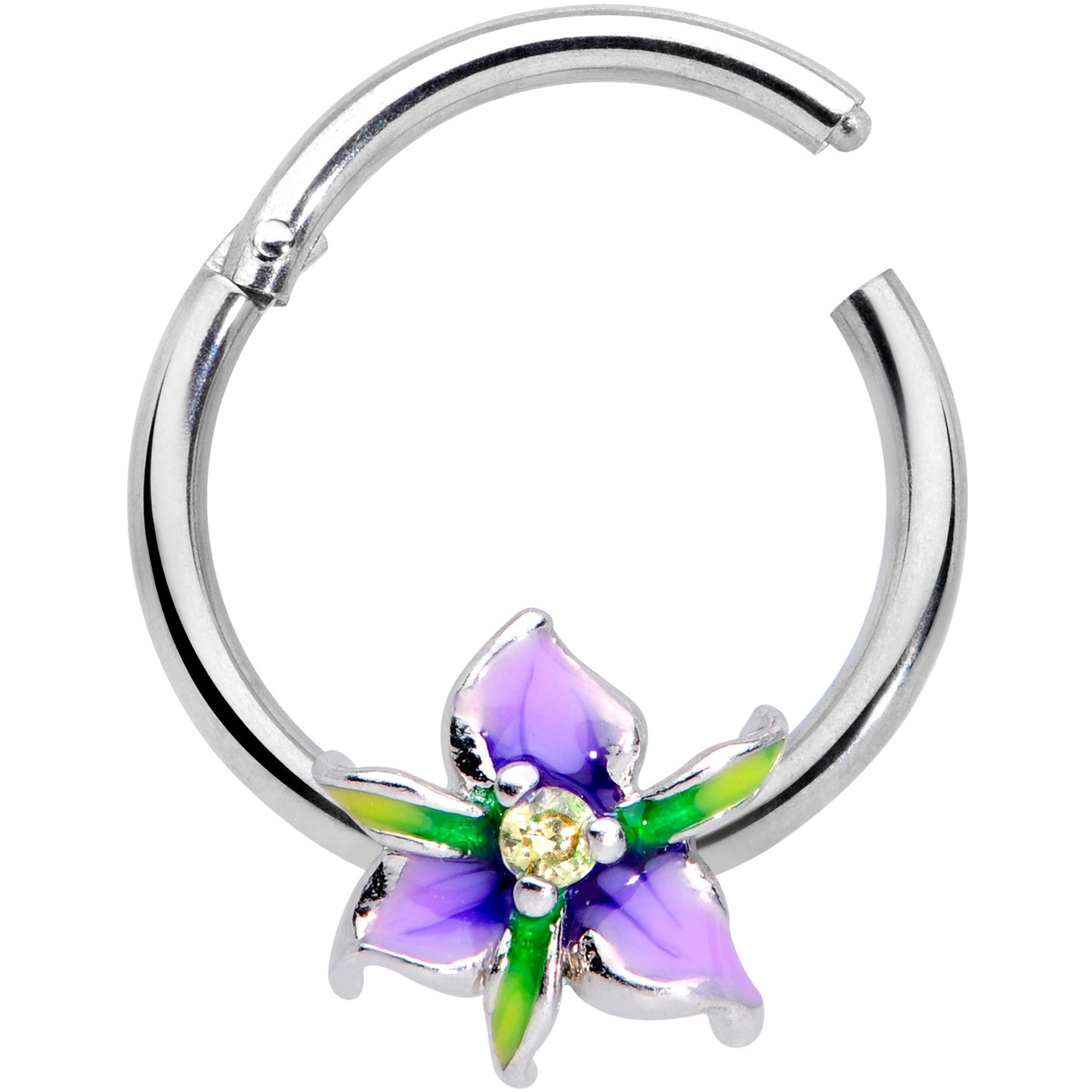 16G 3/8 Clear Gem Purple Iris Flower Hinged Segment Ring