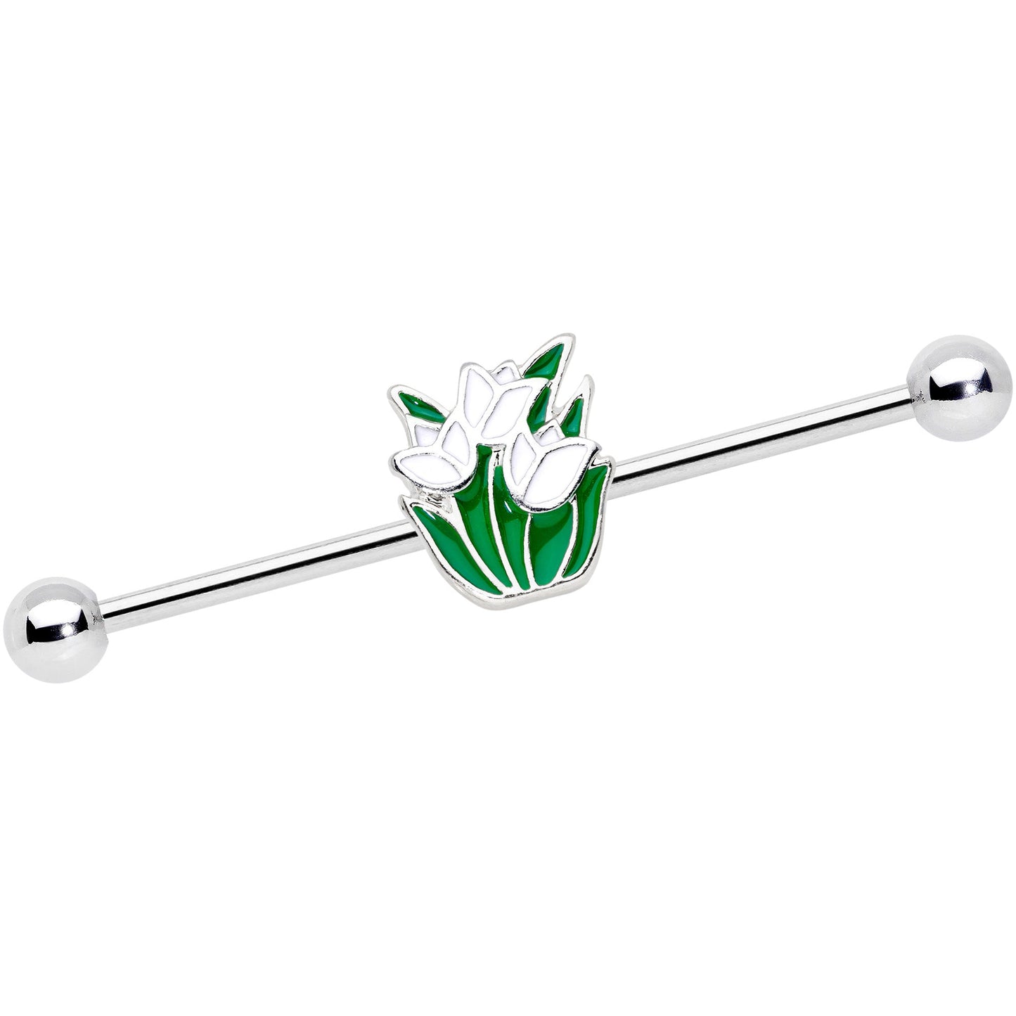 14G Spring White Tulip Flower Industrial Barbell 38mm