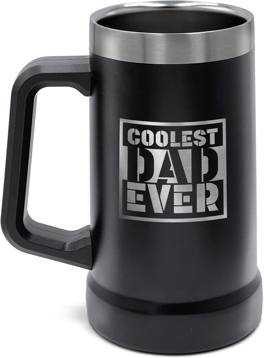 Unique Gift for Dad - XL Stainless Steel Insulated Tumbler Cup with Handle (24oz) Beer Mug for Hot/Cold Drinks, Gift Idea for Christmas Birthday Fathers Day Coolest Dad Ever (Gift-Boxed)