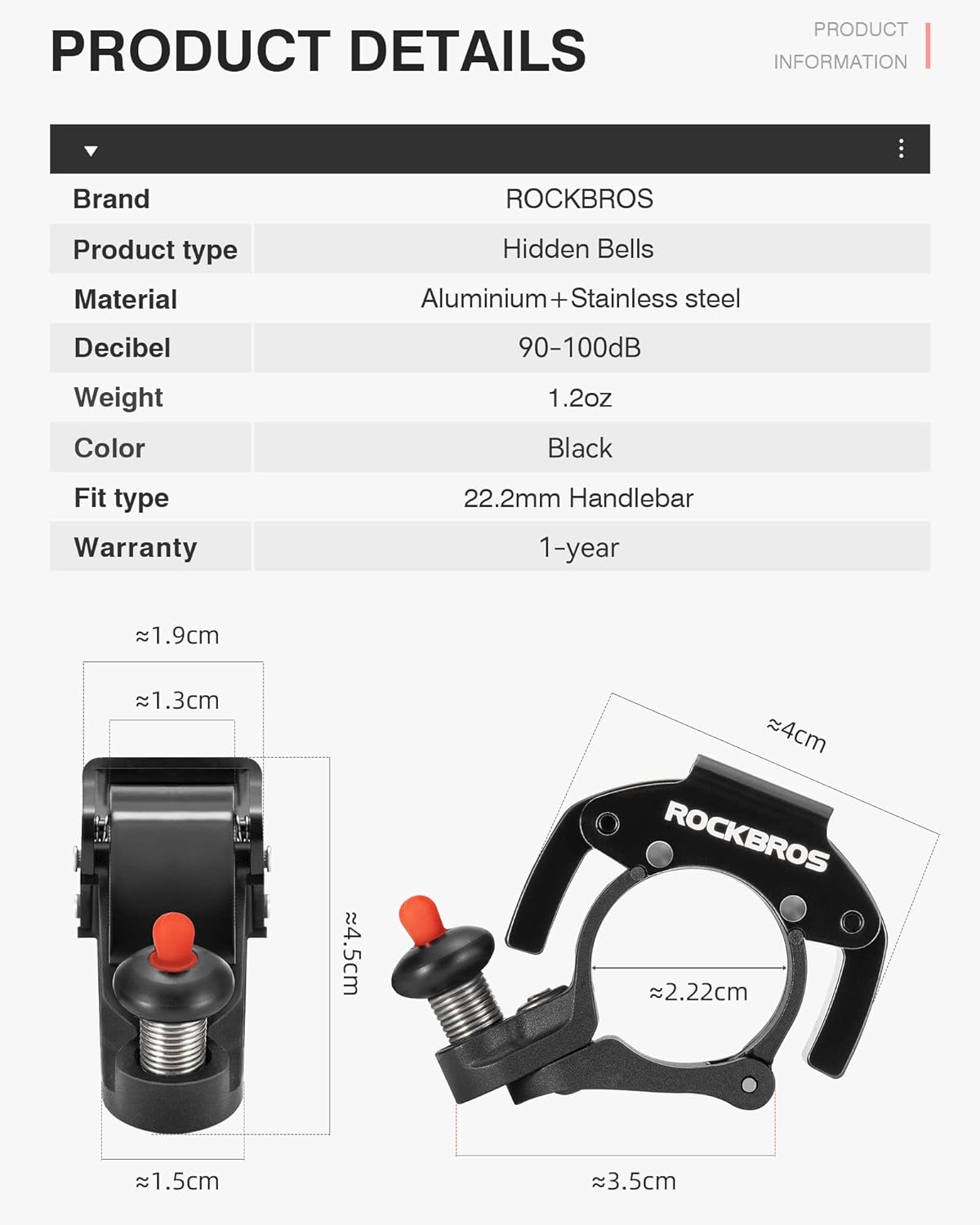 ROCKBROS Bike Bells Hidden for 22.2mm Handlebars More Than 100dB