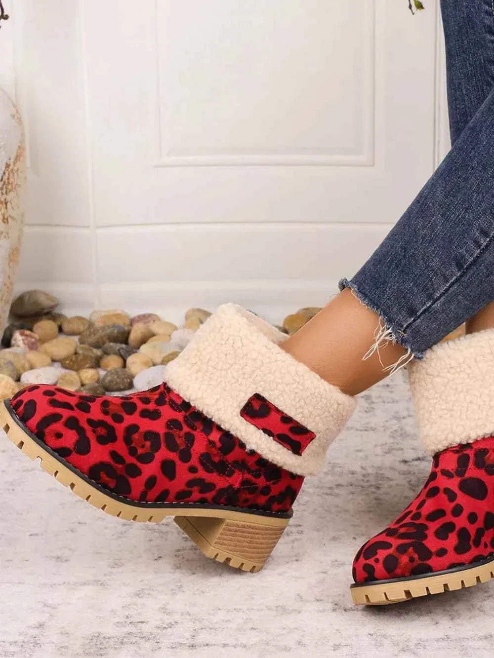 Leopard Block Heel : Fuzzy Boots