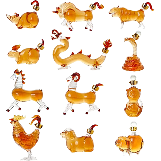 12 Chinese Zodiac Wine & Whiskey Decanter Set | Set of 12 Miniature Hand Blown Decanters | New Year Table Decoration, Constellation Glassware, Personalized Animal Red Wine Carafe Gift 150 ML