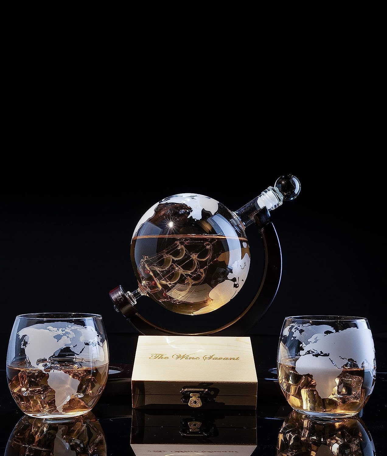 Whiskey Decanter Globe Set with 2 Etched Whiskey Glasses - for Liquor Scotch Bourbon Vodka, Gifts For Men - 850ml