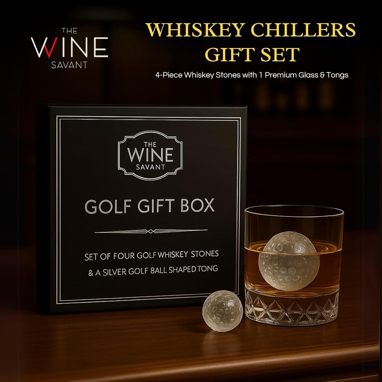 Golf Ball Whiskey Coolers - Pack of 5 - Men's Gift Set; Golfer's Whiskey Chill Stones, Reusable Cooling Balls; Includes 4 Chilling Stones - Ideal Golf-Themed Gift for Men + Metallic Tongs & Gift Box