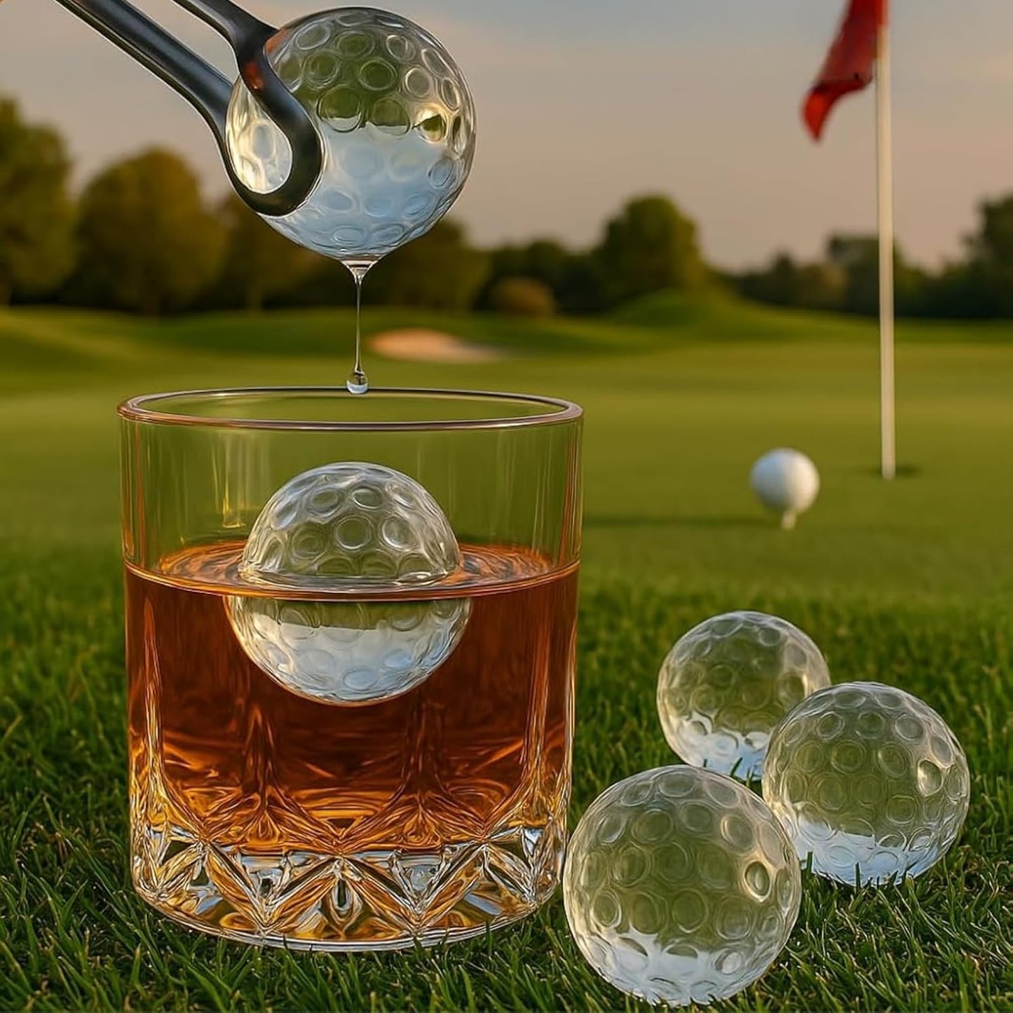 Golf Ball Whiskey Coolers - Pack of 5 - Men's Gift Set; Golfer's Whiskey Chill Stones, Reusable Cooling Balls; Includes 4 Chilling Stones - Ideal Golf-Themed Gift for Men + Metallic Tongs & Gift Box