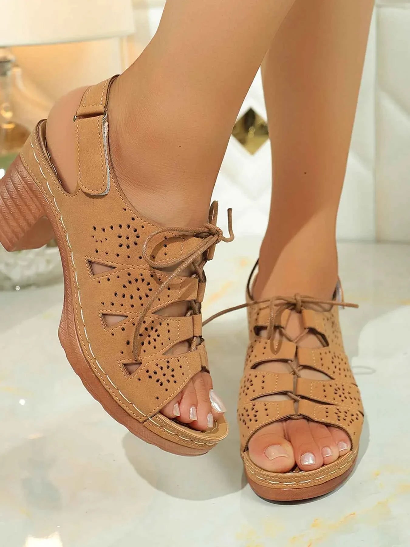 Elegant Block : Heel Sandals With Laces