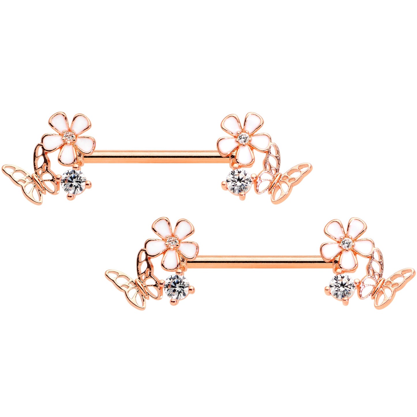 14G 9/16 Clear CZ Gem Rose Gold Tone Butterfly Nipple Ring Set