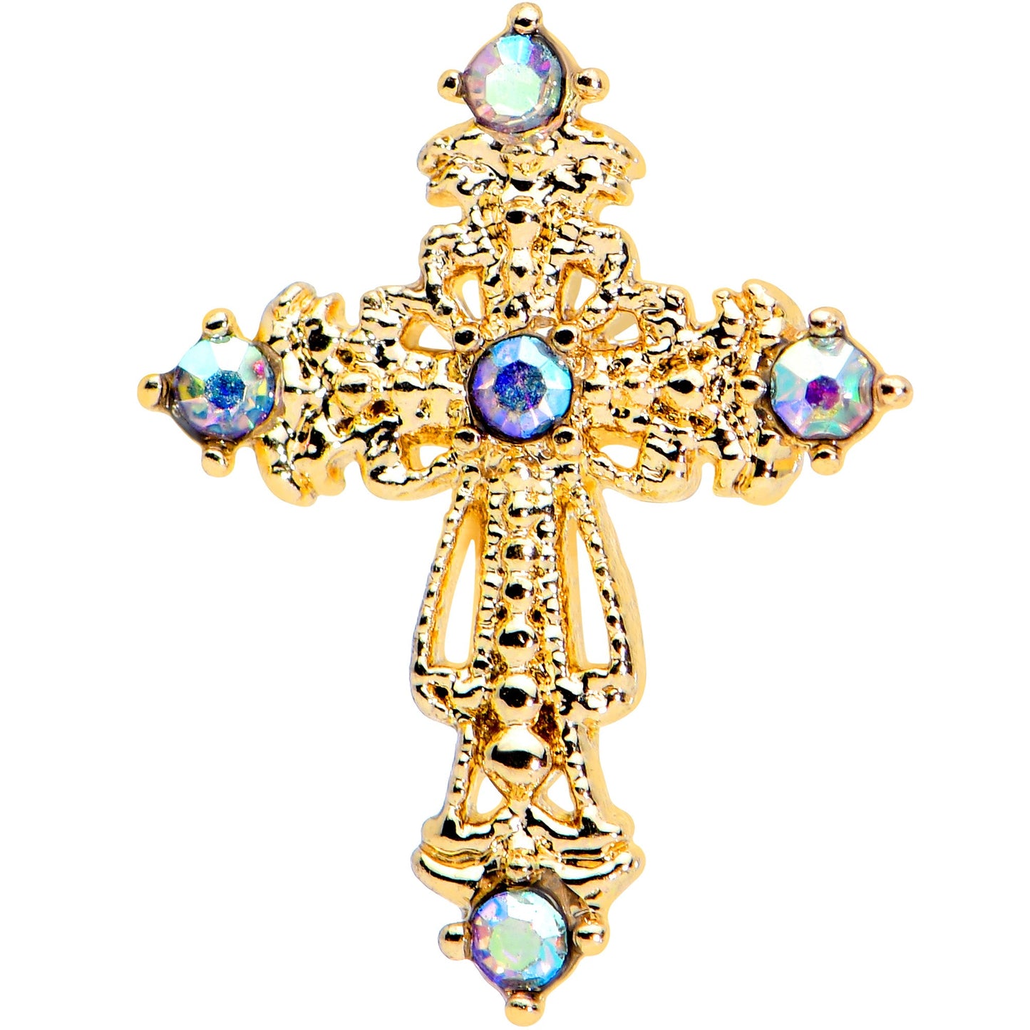 20G 1/4 Aurora CZ Gem Gold Tone Subtle Cross Nose Bone