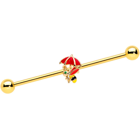 14G Gold Tone Rainy Day Umbrella Bee Industrial Barbell 38mm
