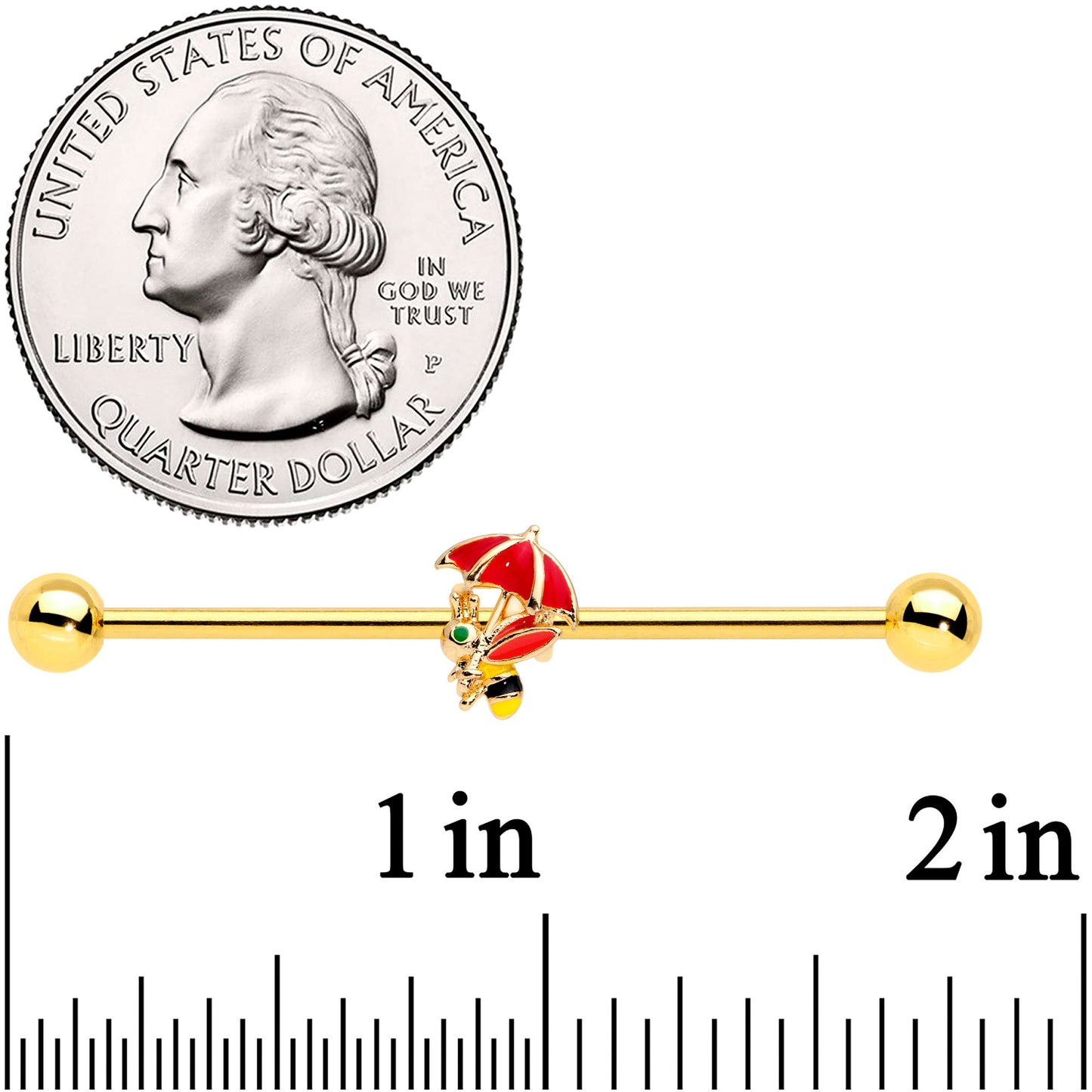 14G Gold Tone Rainy Day Umbrella Bee Industrial Barbell 38mm