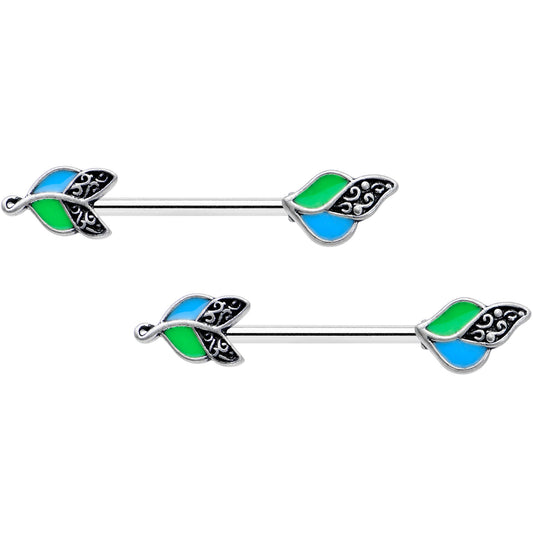 14G 9/16 Filigree Blue Green Leaves Barbell Nipple Ring Set