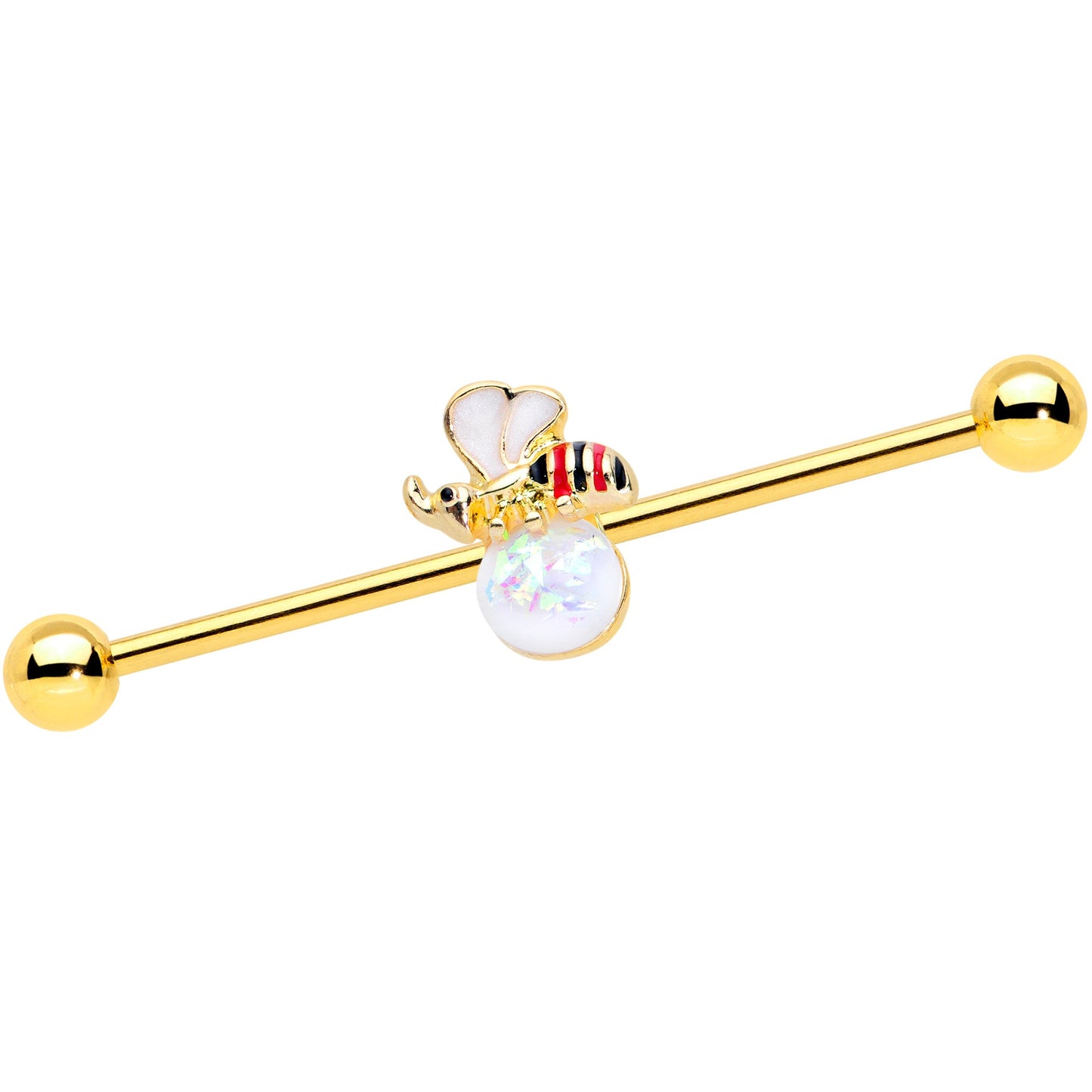 14G White Faux Opal Gold Tone Insect Industrial Barbell 38mm