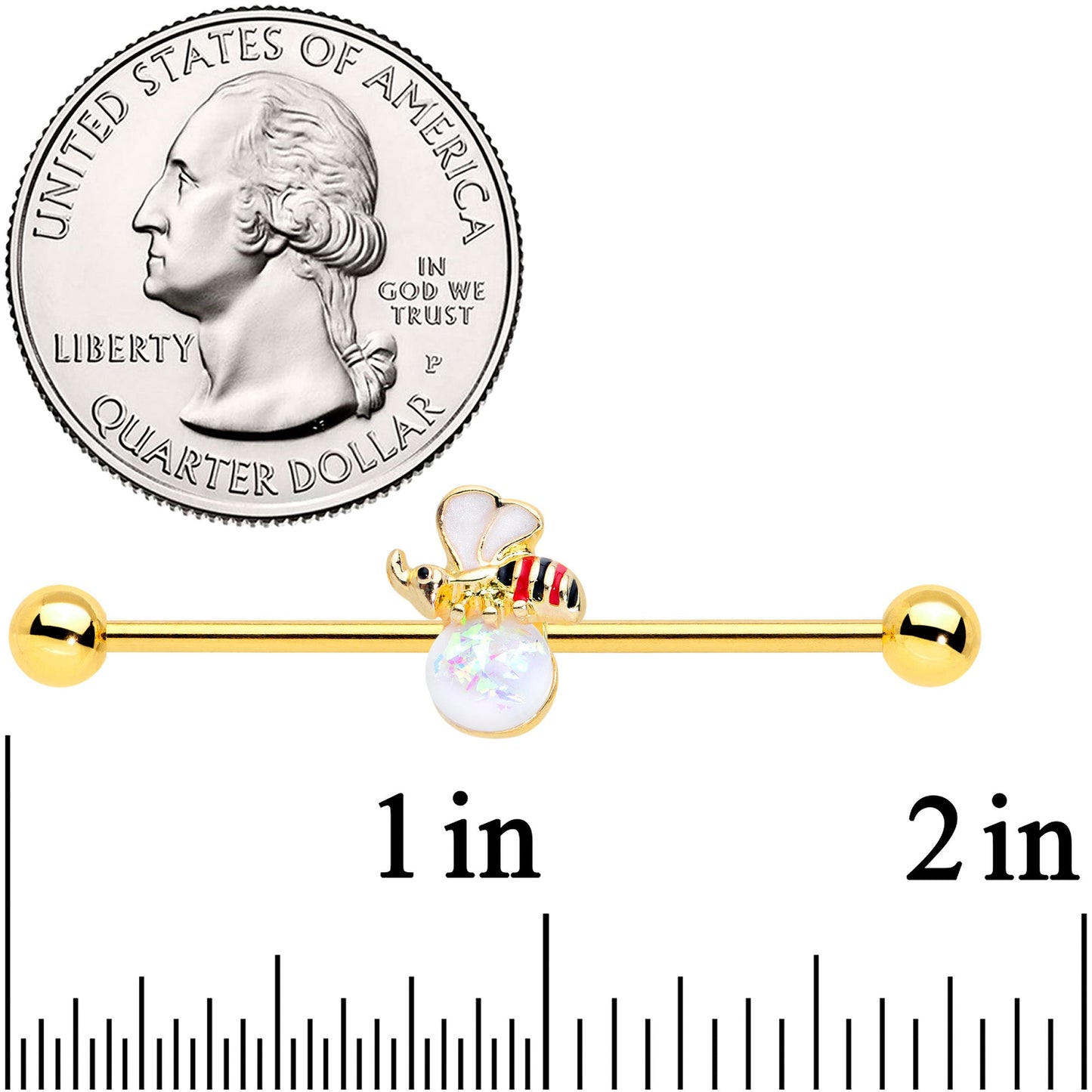 14G White Faux Opal Gold Tone Insect Industrial Barbell 38mm