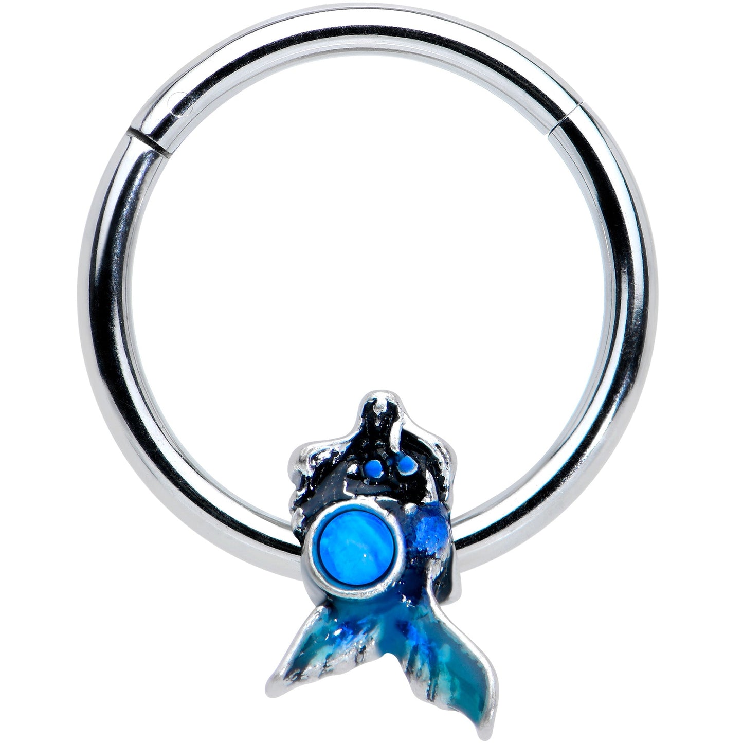 16G 3/8 Blue Synthetic Opal Blue Tail Mermaid Hinged Segment Ring