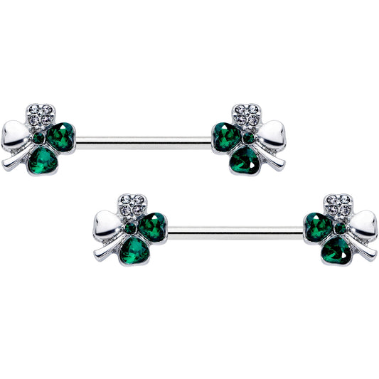 14G 9/16 Clear Green Gem Shamrock St Patricks Day Nipple Ring Set