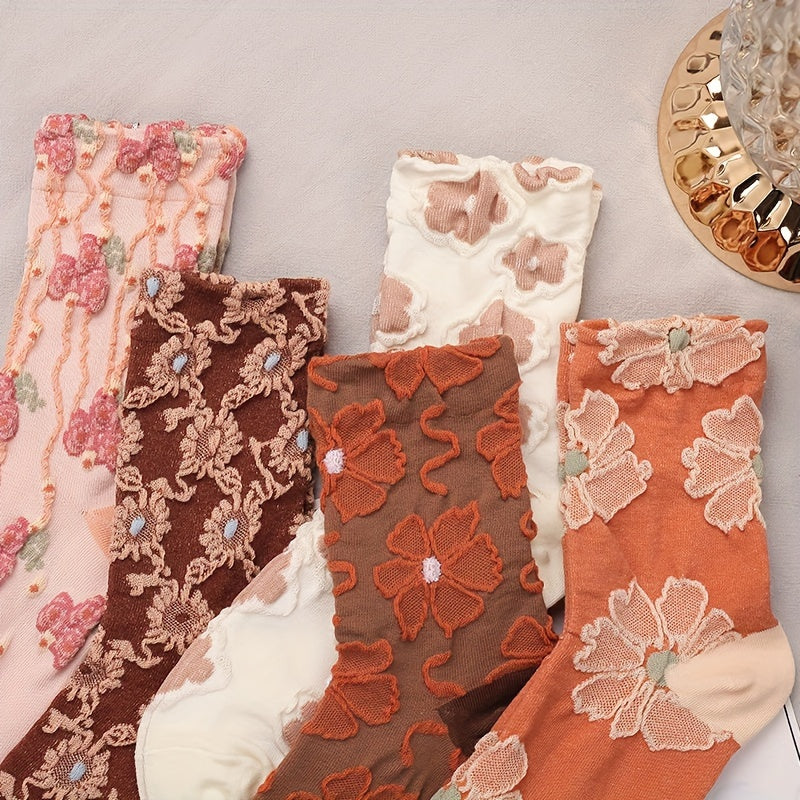 5 Pairs Floral Print Socks, Comfy & Breathable Mid Tube Socks, Women's Stockings & Hosiery