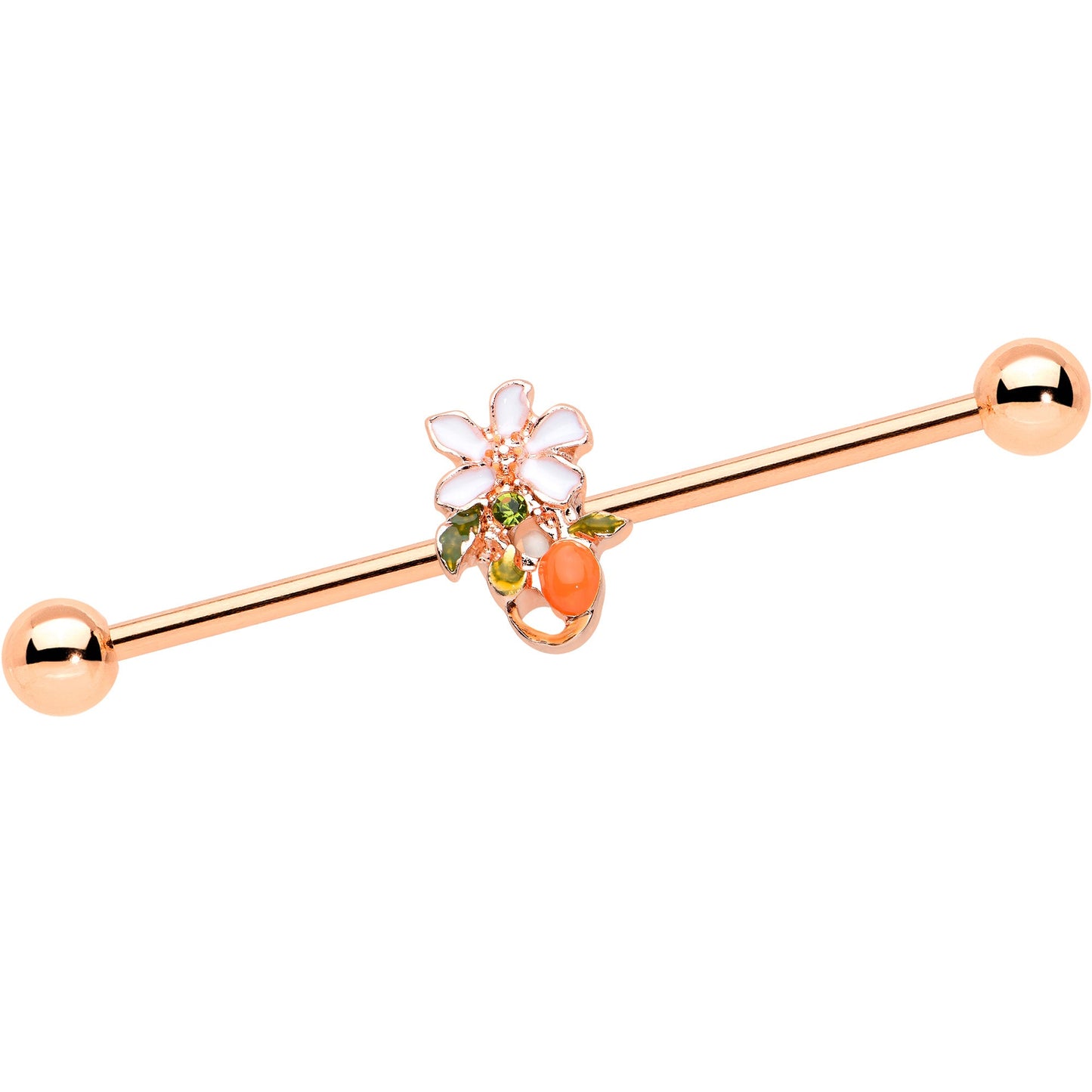 14G Green Gem Rose Gold Hue Orange Flower Industrial Barbell 38mm