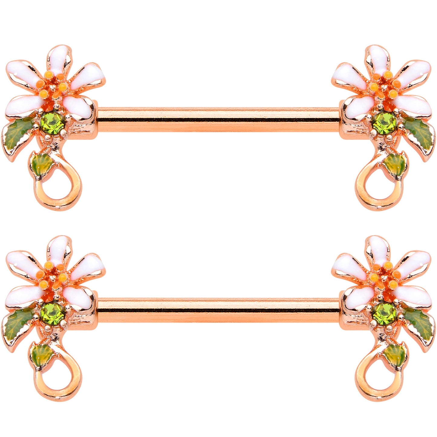 14G 9/16 Green Gem Rose Gold Tone Orange Flower Nipple Ring Set