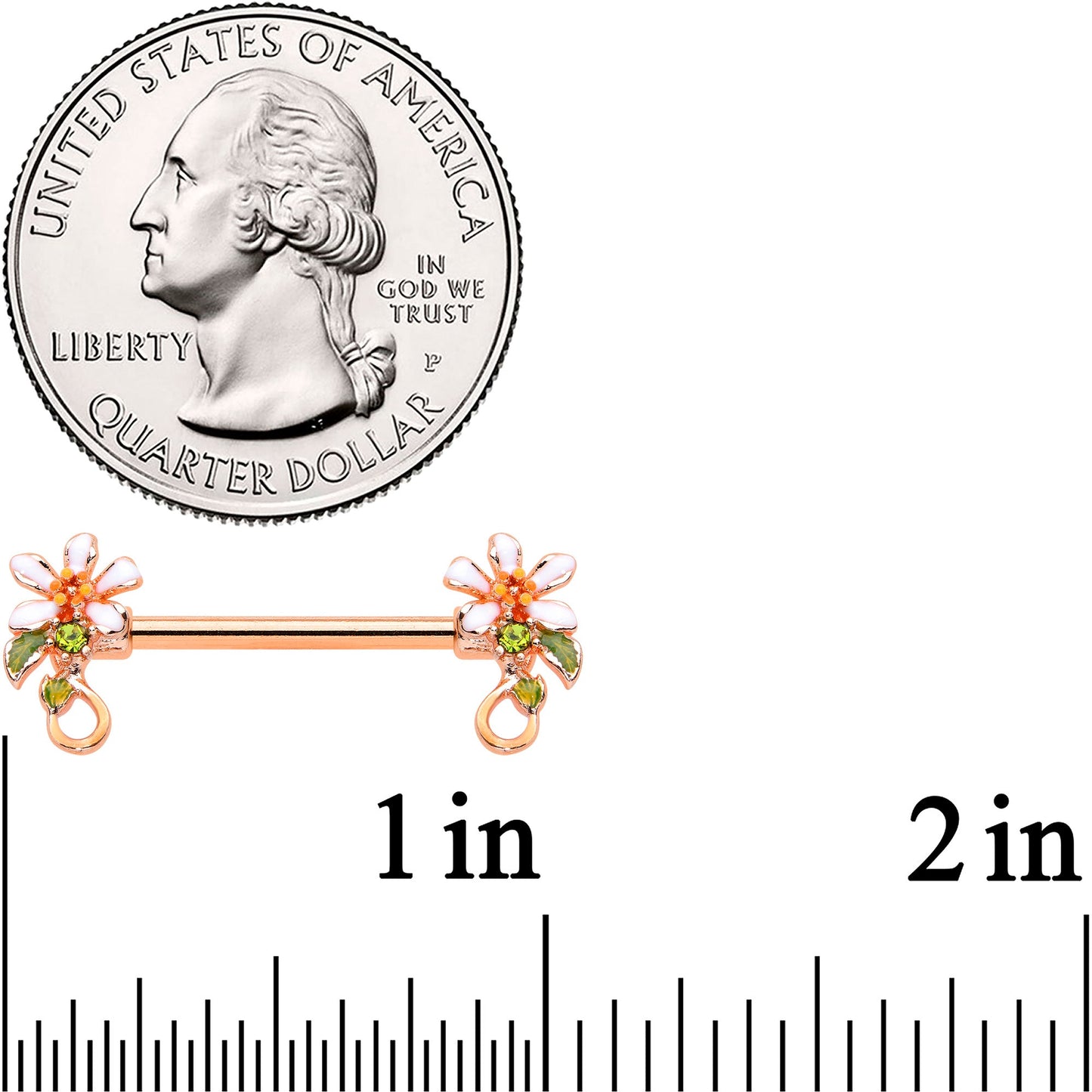 14G 9/16 Green Gem Rose Gold Tone Orange Flower Nipple Ring Set