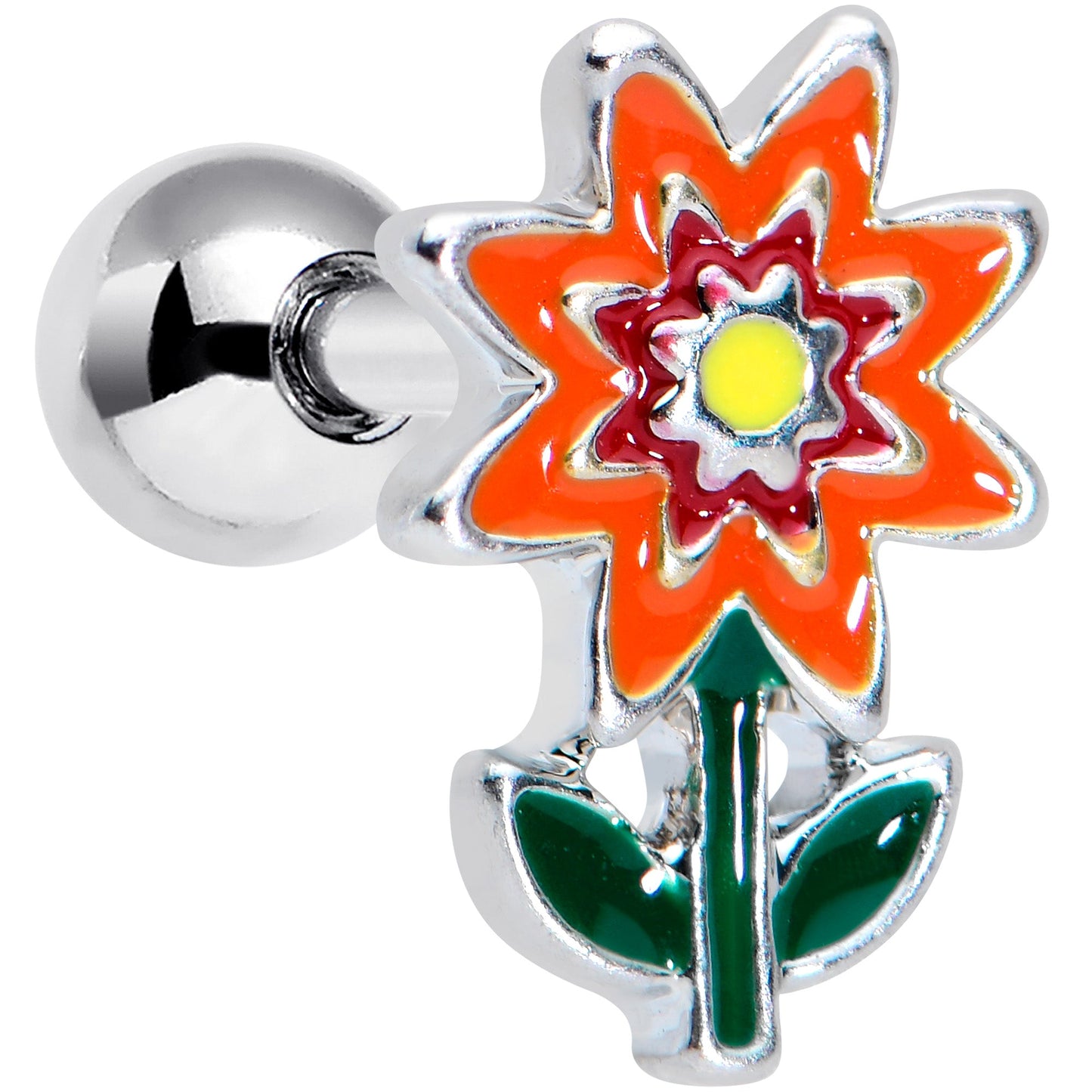 16G 1/4 Red Orange Fanciful Flower Cartilage Tragus Earring