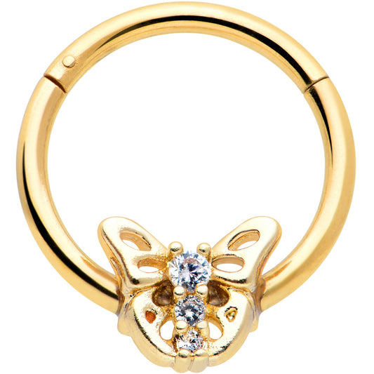 16G 3/8 Clear CZ Gem Gold Tone Open Butterfly Hinged Segment Ring