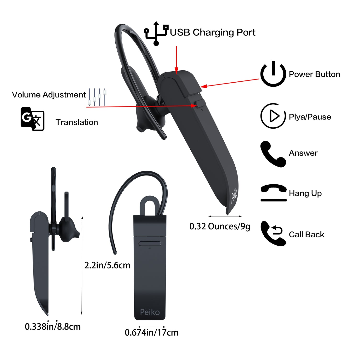 PEIKO WorldTalker - Instant Single Earphone Earbud Translator Supporting 136 Languages with 11 Offline Modes for Accurate Real-Time Voice Translation Anywhere - Premium  from Lizard Vigilante - Just $28.99! Shop now at Lizard Vigilante