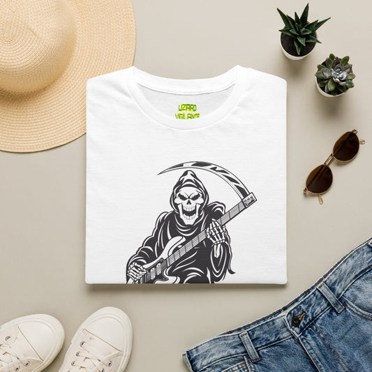 Grim Reaper Guitar T-Shirt — Rocker Skeleton Scythe Tee
