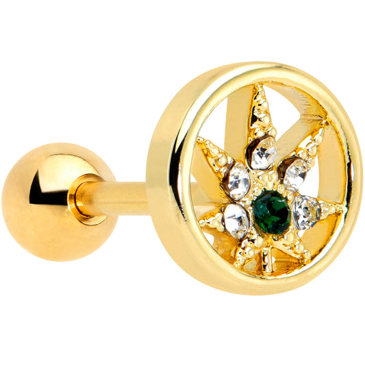 16G 1/4 Clear Green Gem Gold Hue Pot Leaf Circle Cartilage Tragus